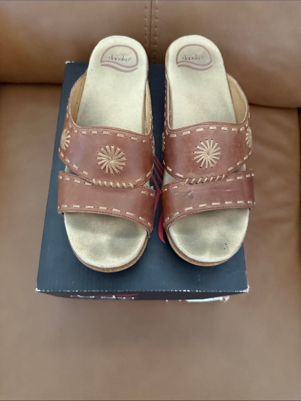 Dansko Women’s Brown Leather Double Strap Sandals with Floral Cutouts